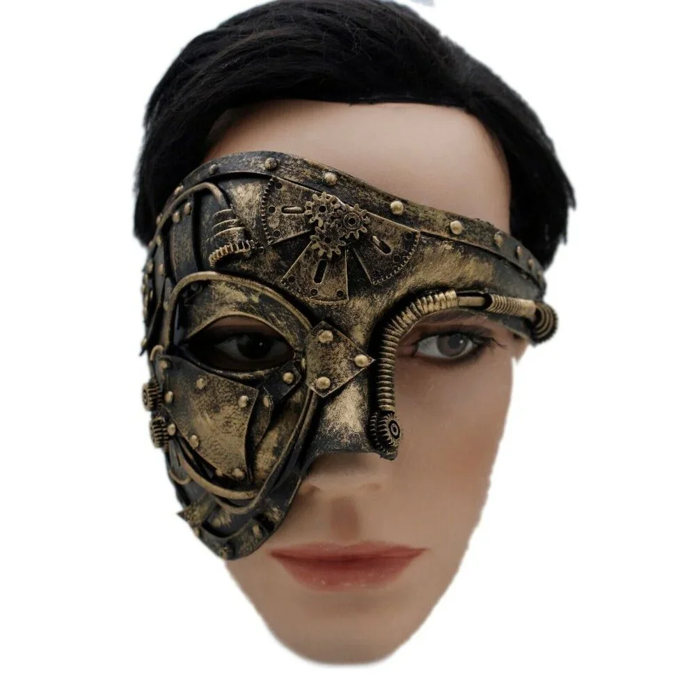Men Women Gold Halloween Costume Half Face Mask Steampunk Rave Mardi Gras Party